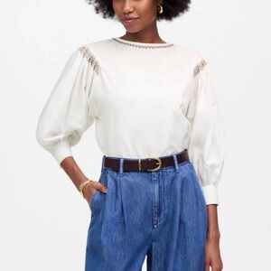 Madewell Embroidered Poplin Balloon-Sleeve Top White Boho Peasant Size‎ L